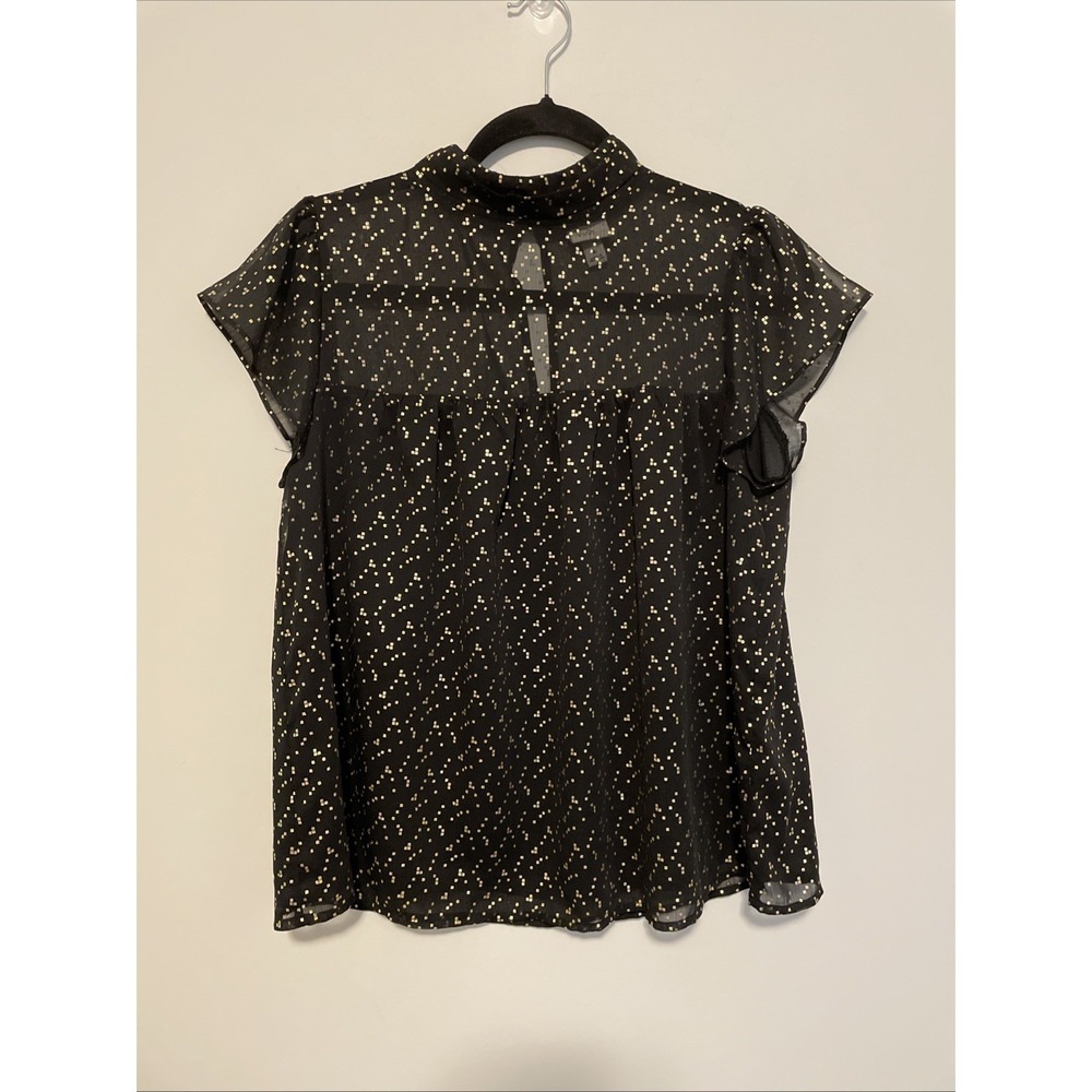 A New Day Size S Black Gold Flutter Sleeve Mock Neck Blouse